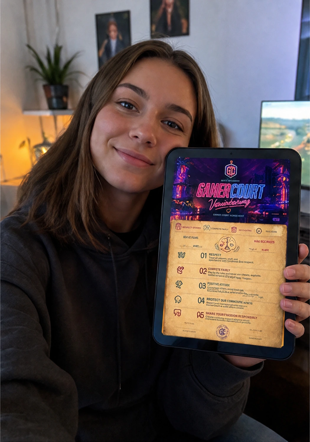 Lena zeigt ihre GamerCourt-Vereinbarung auf einem Tablet