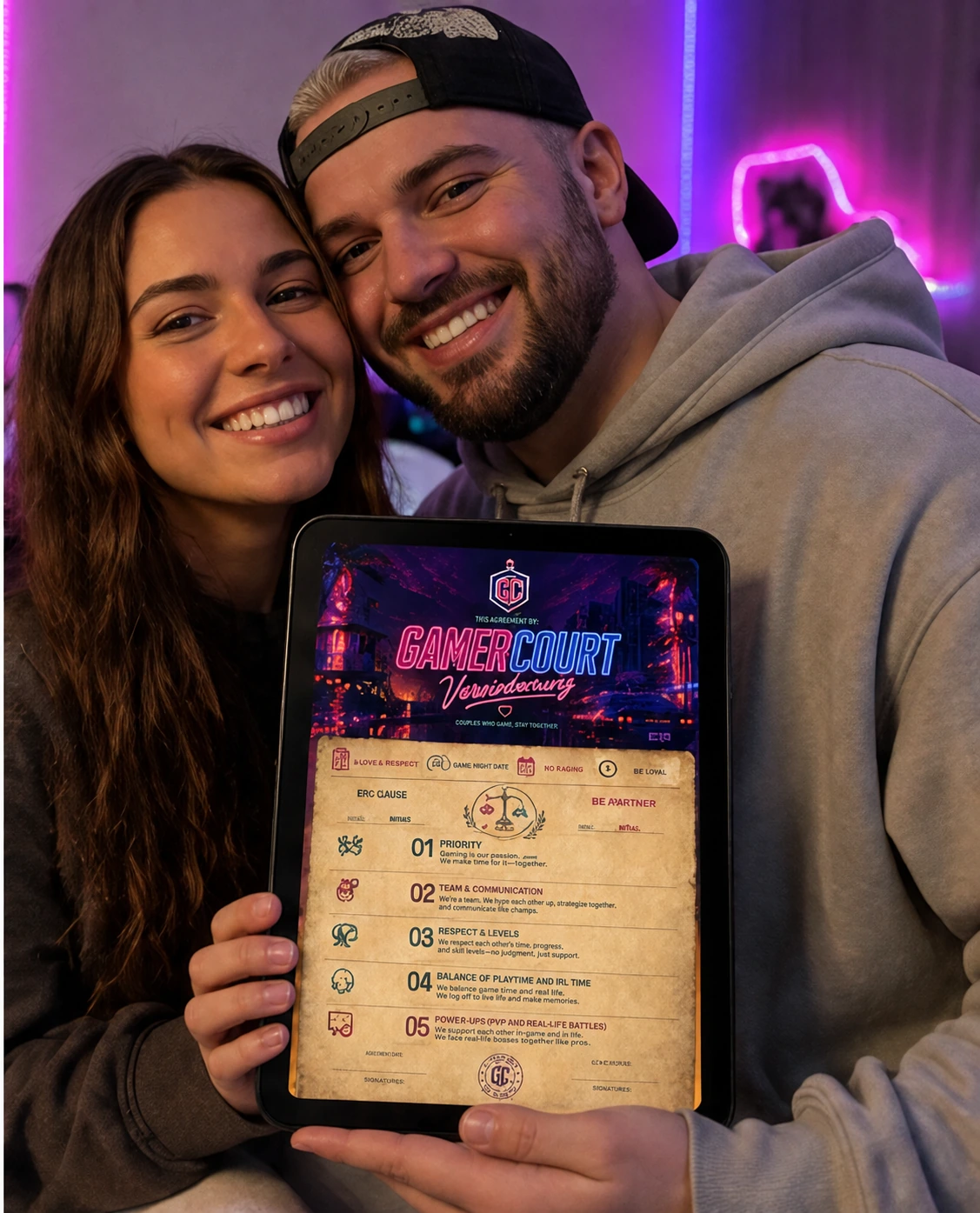 Anna und Tom zeigen gemeinsam ihre GamerCourt-Vereinbarung